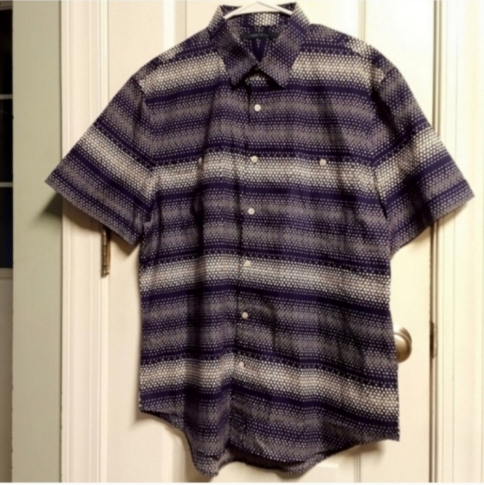Perry Ellis Men's Blue and White Patterned Geometric Shirt XL EUC Career Office